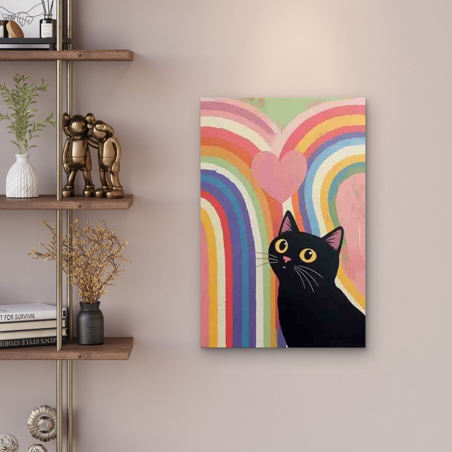 Black Cat Looking at Rainbow Heart 60x90cm Metal Print Ready to Hang