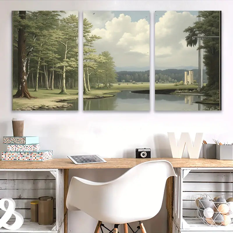 3pcs River Bridge Green Landscape Painting Wall Art Set Canvas Framed 60x90cm - High Quality Print 100% Australian Made Wall Canvas Ready to Hang