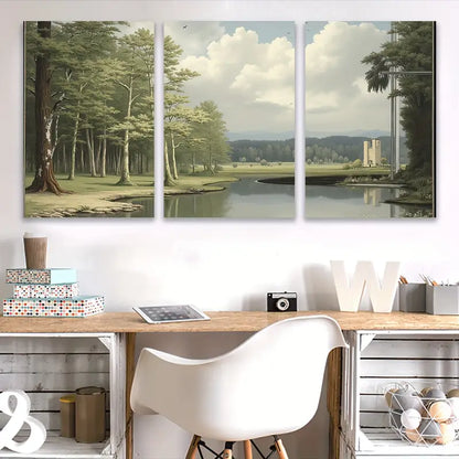 3pcs River Bridge Green Landscape Painting Wall Art Set Canvas Framed 60x90cm - High Quality Print 100% Australian Made Wall Canvas Ready to Hang