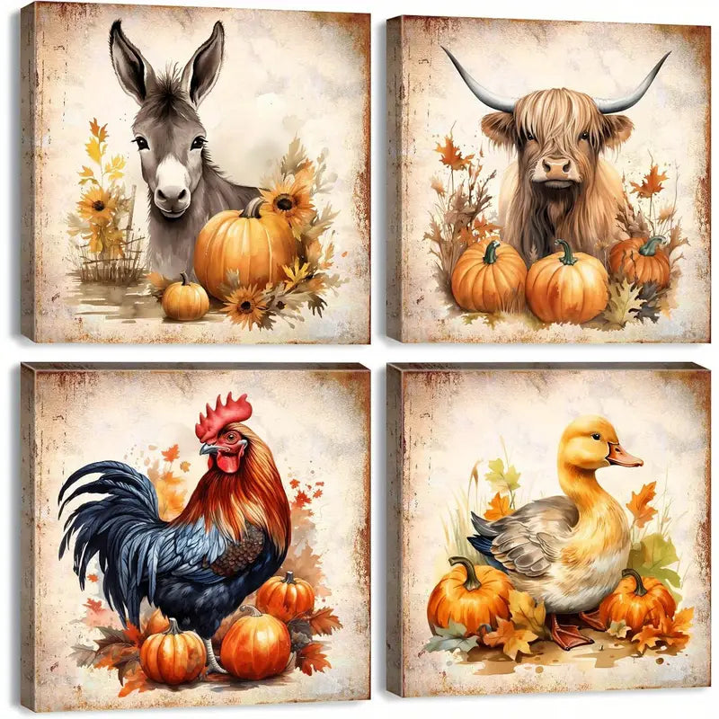 4pcs Donkey, Rooster, Duck, And Cow Wall Art Canvas Framed