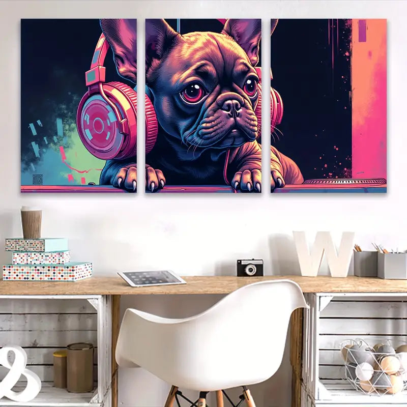 3pcs French Bulldog with Headphones Art Wall Art Set Canvas Framed 50x70cm - High Quality Print 100% Australian Made Wall Canvas Ready to Hang