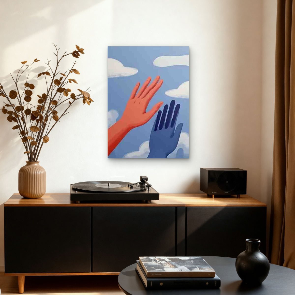 Two Hands Reaching Towards Clouds in Blue Sky Metal Print Ready to Hang