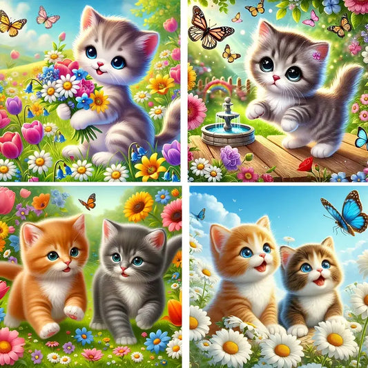 4pcs Animal Series Cat Pattern Wall Art Canvas Framed