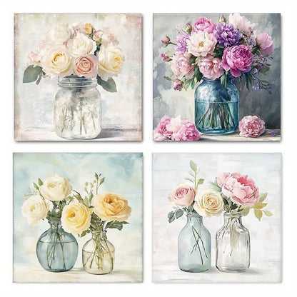 4pcs Watercolor Mason Jar Floral  WMJ Wall Art Canvas Framed