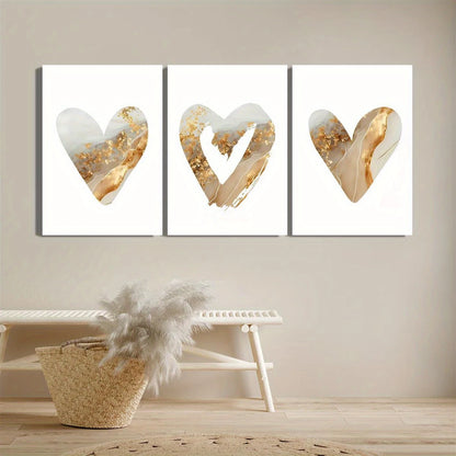 3pcs Beige And Golden Theme, Heart Motifs, Golden Accents Metal Print Ready to Hang Art