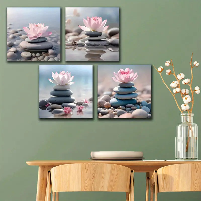 4pcs Pink for Lotus Stacked Zen Stones Wall Art Canvas Framed