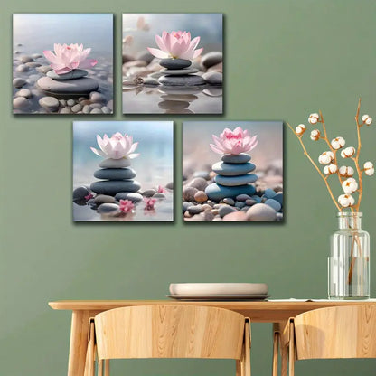 4pcs Pink for Lotus Stacked Zen Stones Wall Art Canvas Framed