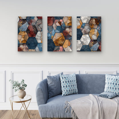 3pcs Abstract Modern Geometric Hexagon Mosaic Wall Art Set Canvas Framed 40x60cm - High Quality Print 100% Australian Made Wall Canvas Ready to Hang