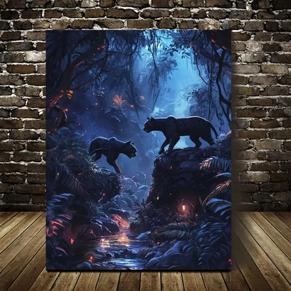 Panther Chase in Mystical Jungle with Ethereal 40x60cm Metal Print Ready to Hang