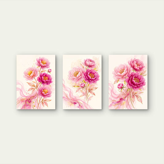 3pcs Watercolor Pink Peony Floral Botanical Gold Leaves Abstract Swirl Wall Art Set Canvas Framed 40x60cm - High Quality Print 100% Australian Made Wall Canvas Ready to Hang