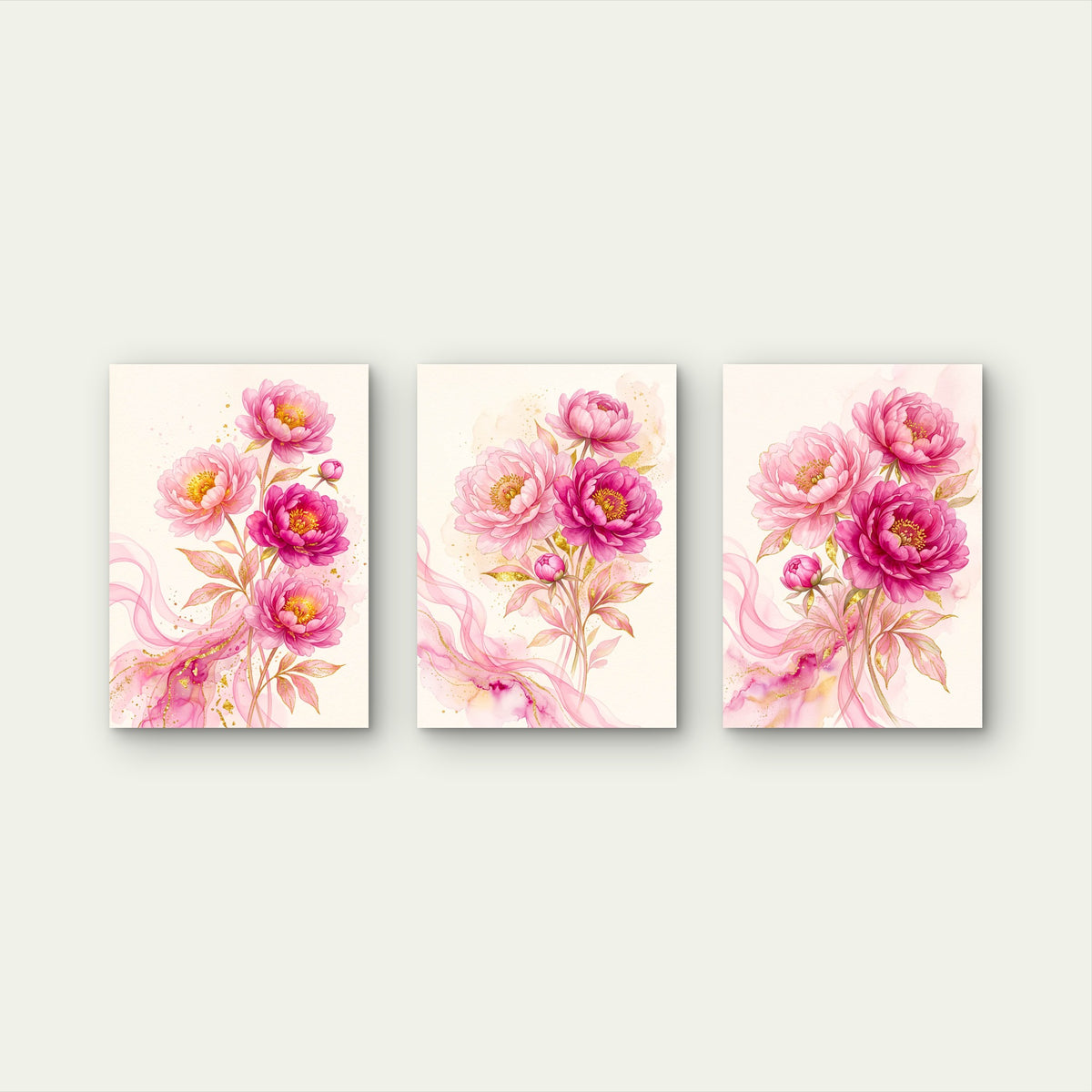 3pcs Watercolor Pink Peony Floral Botanical Gold Leaves Abstract Swirl Wall Art Set Canvas Framed 50x70cm- High Quality Print 100% Australian Made Wall Canvas Ready to Hang