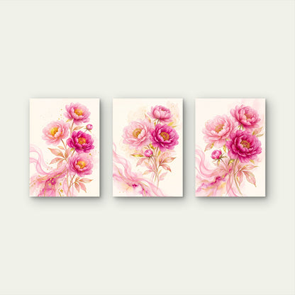 3pcs Watercolor Pink Peony Floral Botanical Gold Leaves Abstract Swirl Wall Art Set Canvas Framed 60x90cm- High Quality Print 100% Australian Made Wall Canvas Ready to Hang