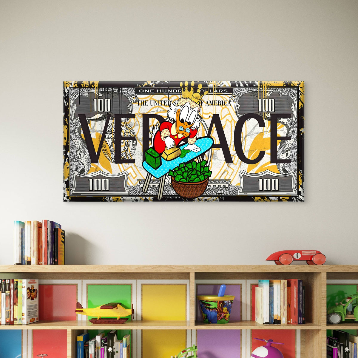 Rich Duck Currency Pattern Wall Art Canvas Office Home Room Framed 120x60cm