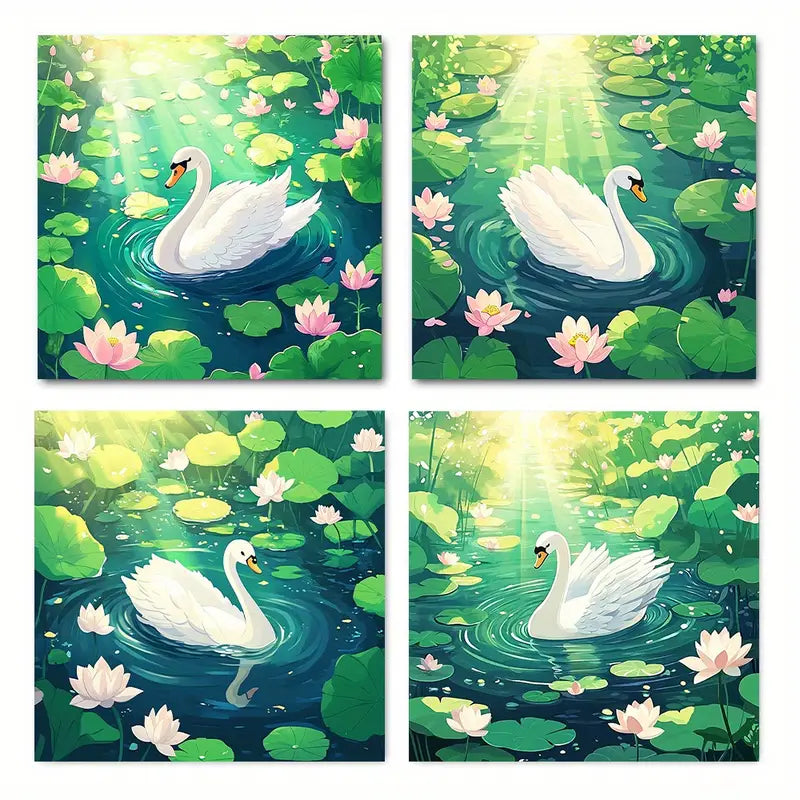 4pcs The White Swan Is On The Water Lotus Wall Art Canvas Framed
