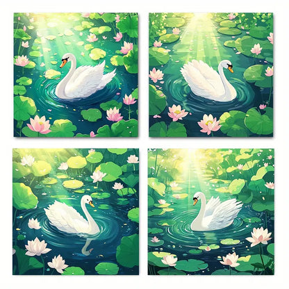 4pcs The White Swan Is On The Water Lotus Wall Art Canvas Framed