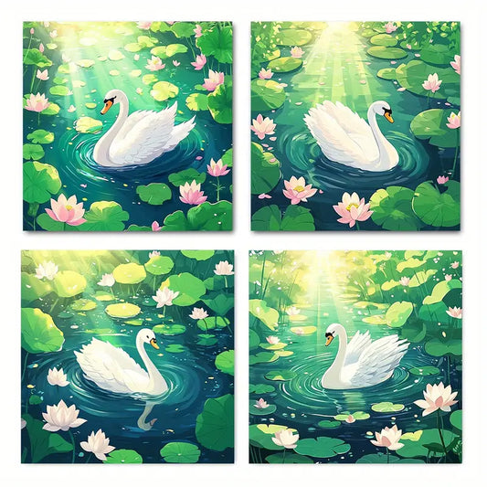 4pcs The White Swan Is On The Water Lotus Wall Art Canvas Framed