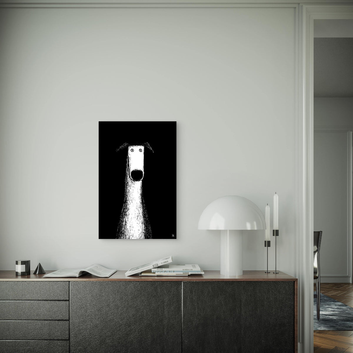 Long White Dog, 60x90cm Metal Print Ready to Hang