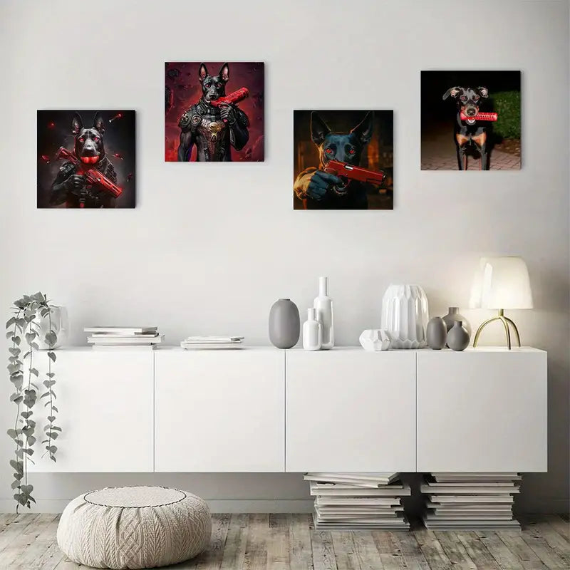 4pcs Modern Dog Futuristic Armor & Weapons Wall Art Canvas Framed