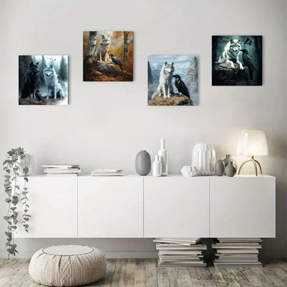 4pcs Mystical Wolf And Raven Canvas Art Prints Wall Art Canvas Framed