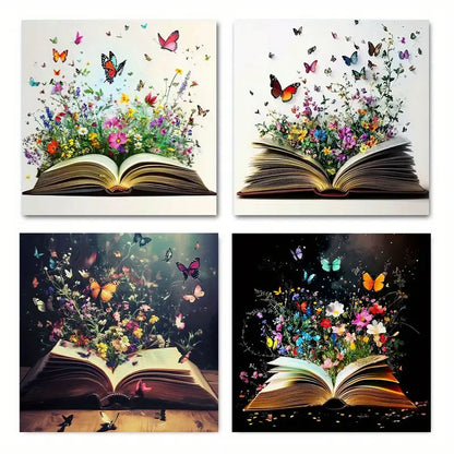 4pcs  Decor Butterfly And Book Elegan  Wall Art Canvas Framed