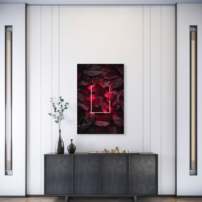 Glowing Rectangle Amidst Vibrant Red and Black Leaves 60x90cm Metal Print Ready to Hang