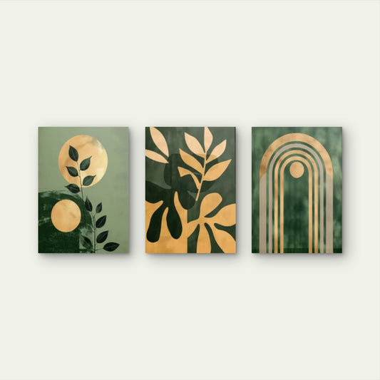 3pcs Mid Century Sage Green Gold Arch Botanical Boho Geometric Wall Art Set Canvas Framed 50x70cm - High Quality Print 100% Australian Made Wall Canvas Ready to Hang