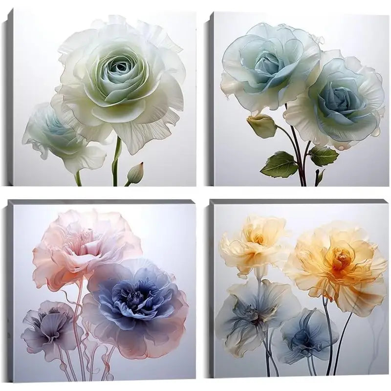4pcs Elegant Rose & Peony Prints in Blue, Orange Wall Art Canvas Framed