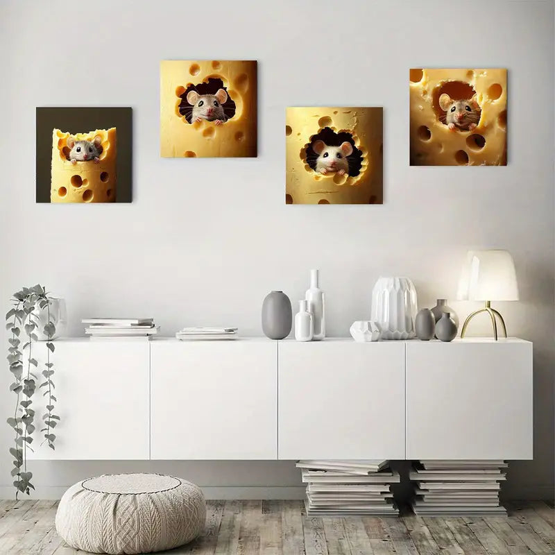 4pcs Cheese Rat Hole Vintage Abstract Wall Art Canvas Framed