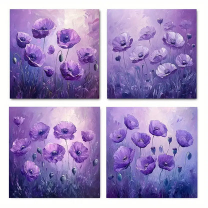 4pcs Purple Poppies in Serene Garden  Wall Art Canvas Framed