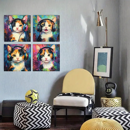 4pcs  Cat with Headphones  KING    Wall Art Canvas Framed