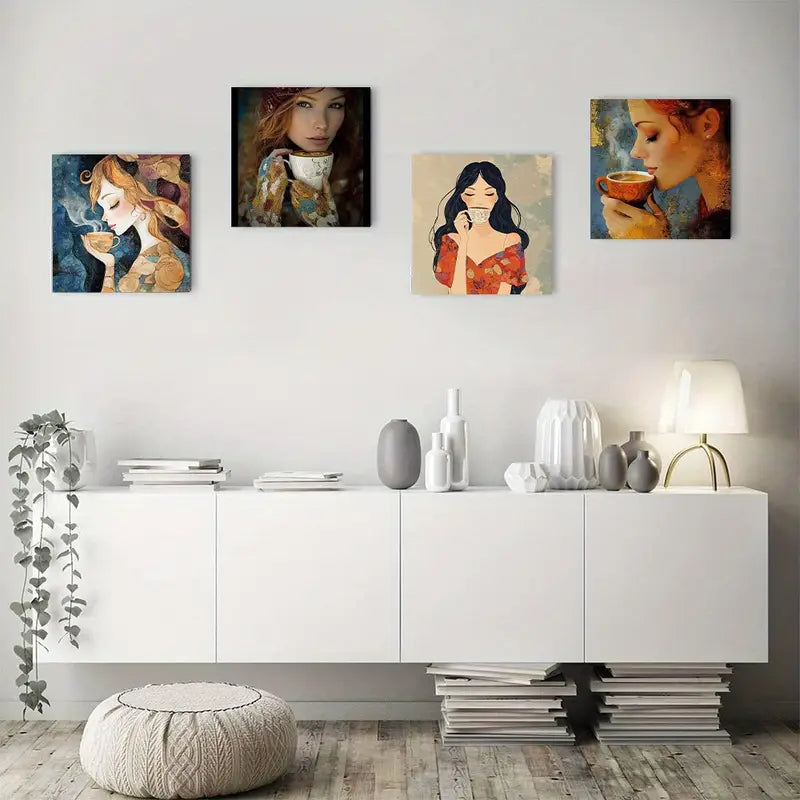 4pcs  Abstract Coffee Girl Elegant Wall Art Canvas Framed