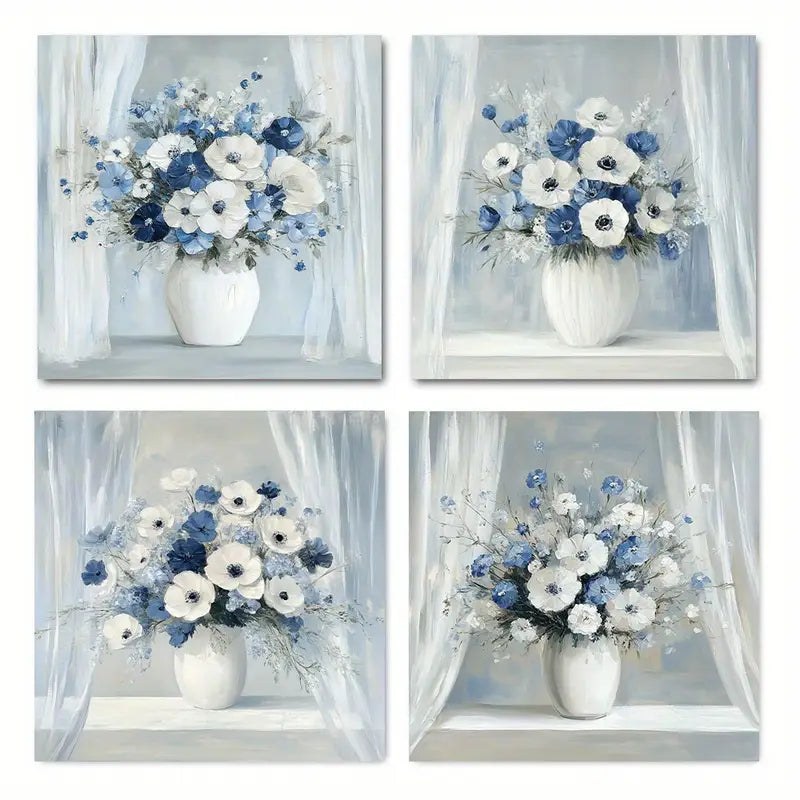 4pcs Elegant Blue And White Floral Wall Art Canvas Framed