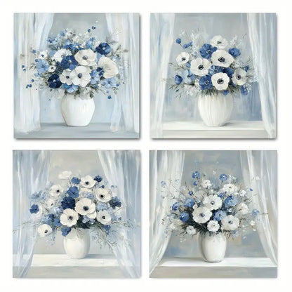 4pcs Elegant Blue And White Floral Wall Art Canvas Framed