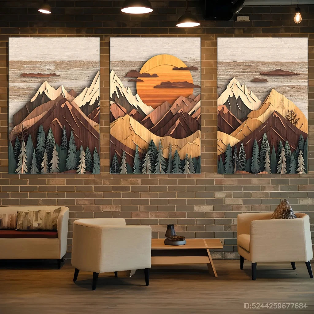 3pcs Sunset, Snow-Capped Peaks, Pine Forests Metal Print Ready to Hang Art