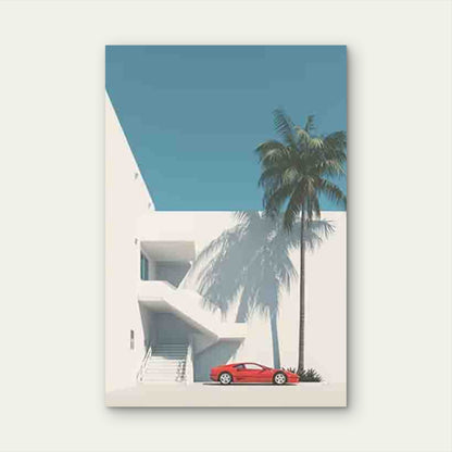 Red Car & Palm Tree Metal Print Ready to Hang
