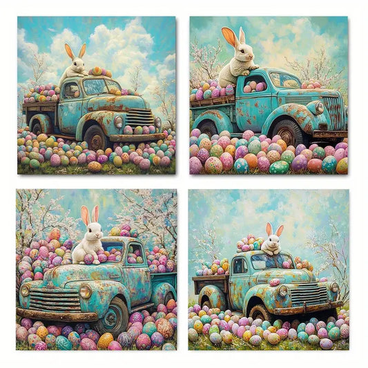 4pcs Easter Truck With Bunny And Egg Wall Art Canvas Framed