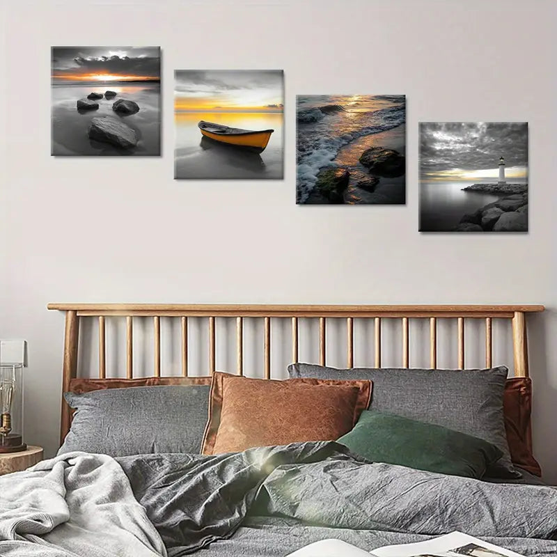 4pcs Lighthouse Square  Home Decor   Wall Art Canvas Framed