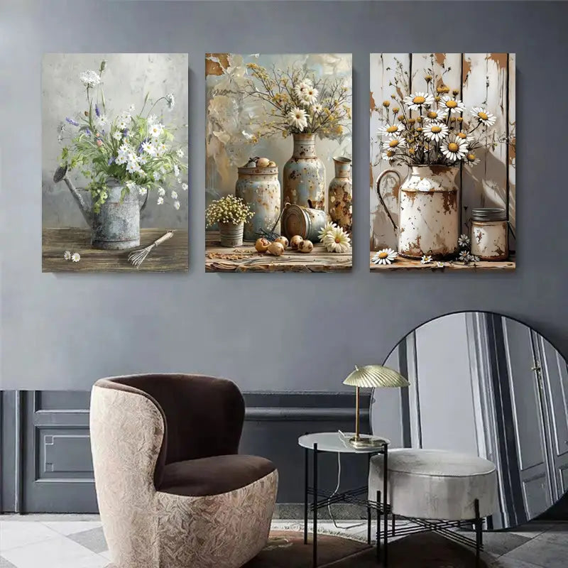 3pcs Rustic Daisy Flower Vintage Style Floral Metal Print Ready to Hang Art