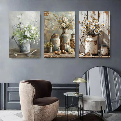 3pcs Rustic Daisy Flower Vintage Style Floral Metal Print Ready to Hang Art