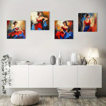 4pcs Abstract Dancing Woman Flying Skir Wall Art Canvas Framed