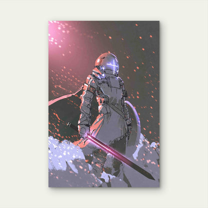 Futuristic Knight with Glowing Sword Metal Print Ready to Hang