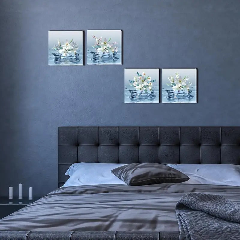 4pcs White Lilies & Greenery Botanical Prints Wall Art Canvas Framed