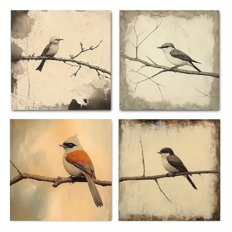 4pcs Bird On Branch Prints Wall Art Canvas Framed