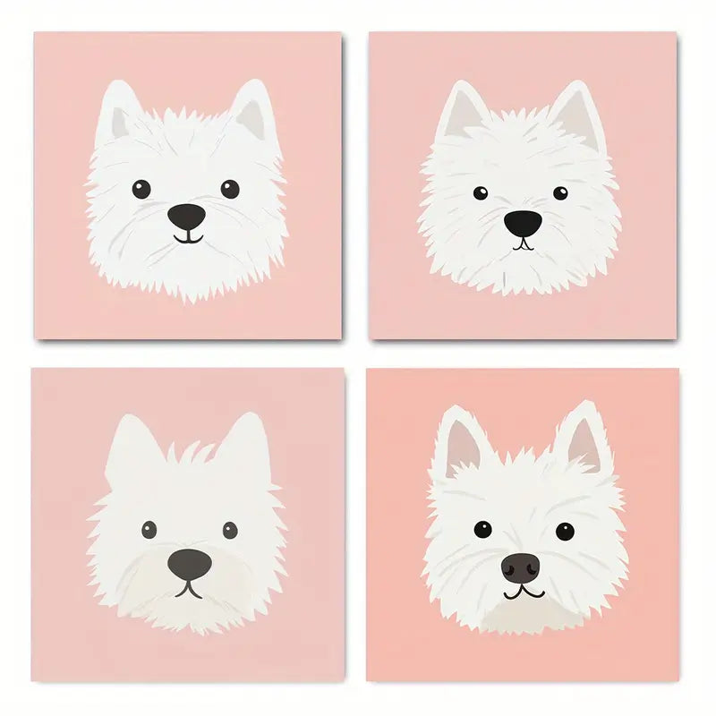 4pcs Adorable White Dog Art Prints Wall Art Canvas Framed
