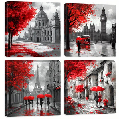 4pcs Black And White Architecture Wall Art Canvas Framed