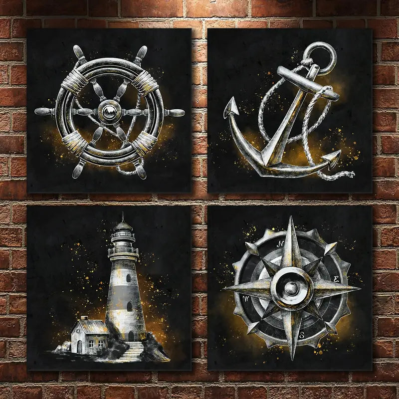 4pcs Lighthouse, Anchor, Compass & Ship Wheel Wall Art Canvas Framed