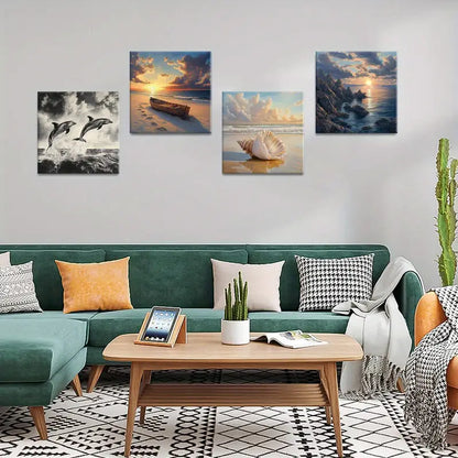 4pcs Ocean Seashells Black And White Art  Wall Art Canvas Framed