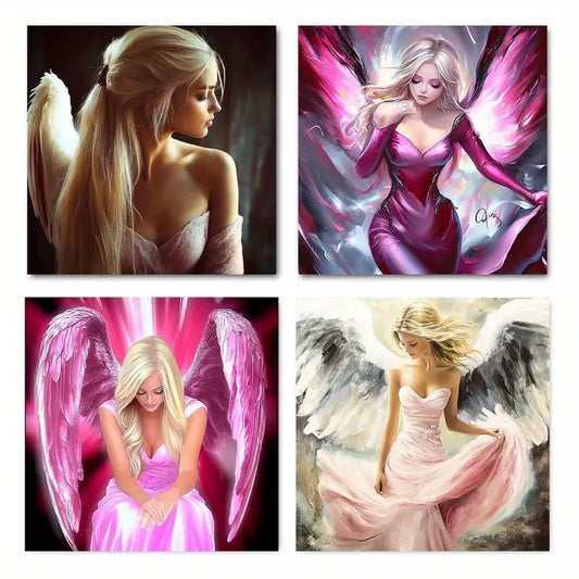 4pcs Angelic Girls In Pink Dresses, Fashionable Wall Art Canvas Framed