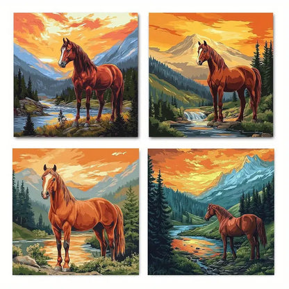 4pcs  Vibrant Horse by River Mountain  VH  Wall Art Canvas Framed