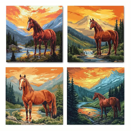 4pcs  Vibrant Horse by River Mountain  VH  Wall Art Canvas Framed